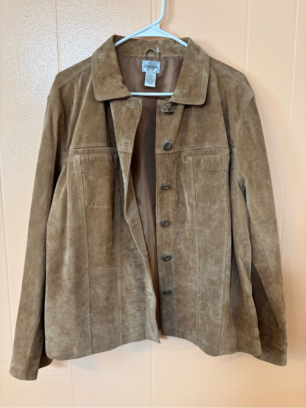 Chico's women’s Suede Button Jacket in Light Brown